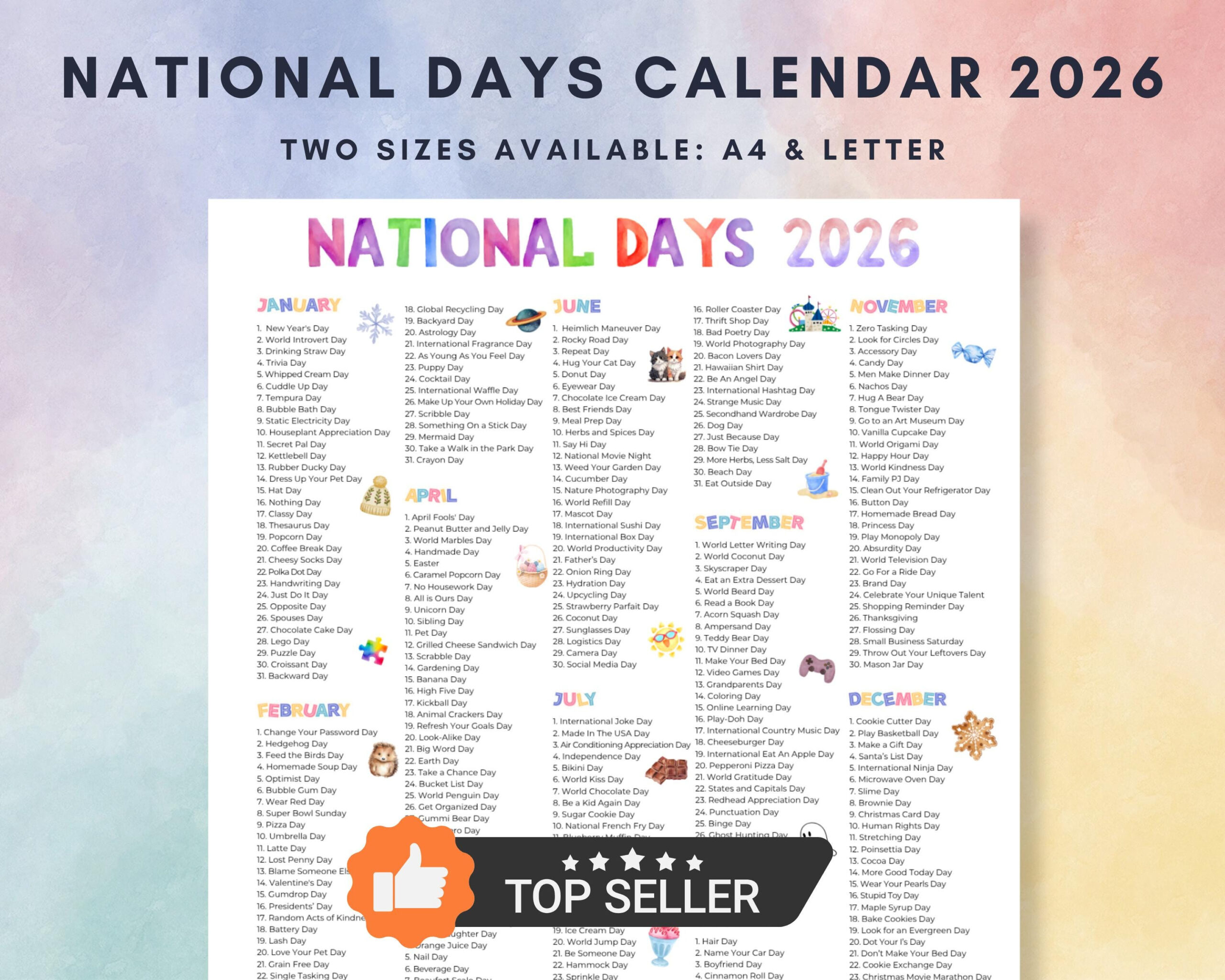 2026 National Days Calendar Printable (A4 &amp;amp; Letter Pdf) - Etsy Israel within National Day Calendar 2026 Printable Free
