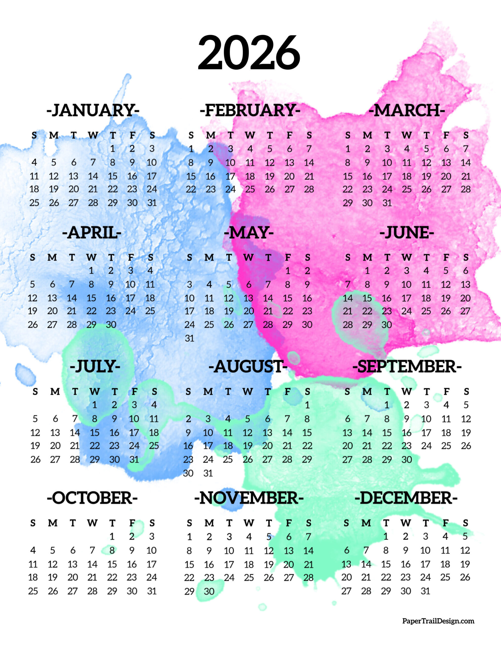 2026 Printable Calendar One Page - Paper Trail Design pertaining to 2026 Calendar Printable Colorful
