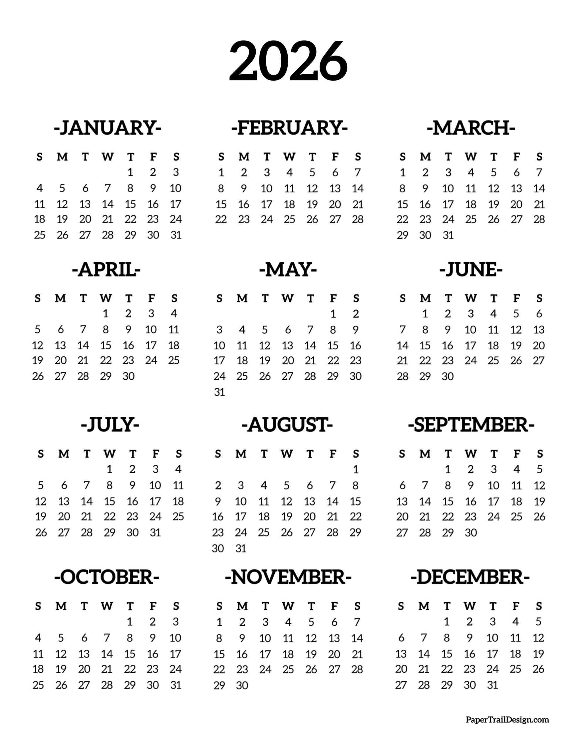 2026 Printable Calendar One Page - Paper Trail Design throughout 2026 Calendar Free Printable One Page