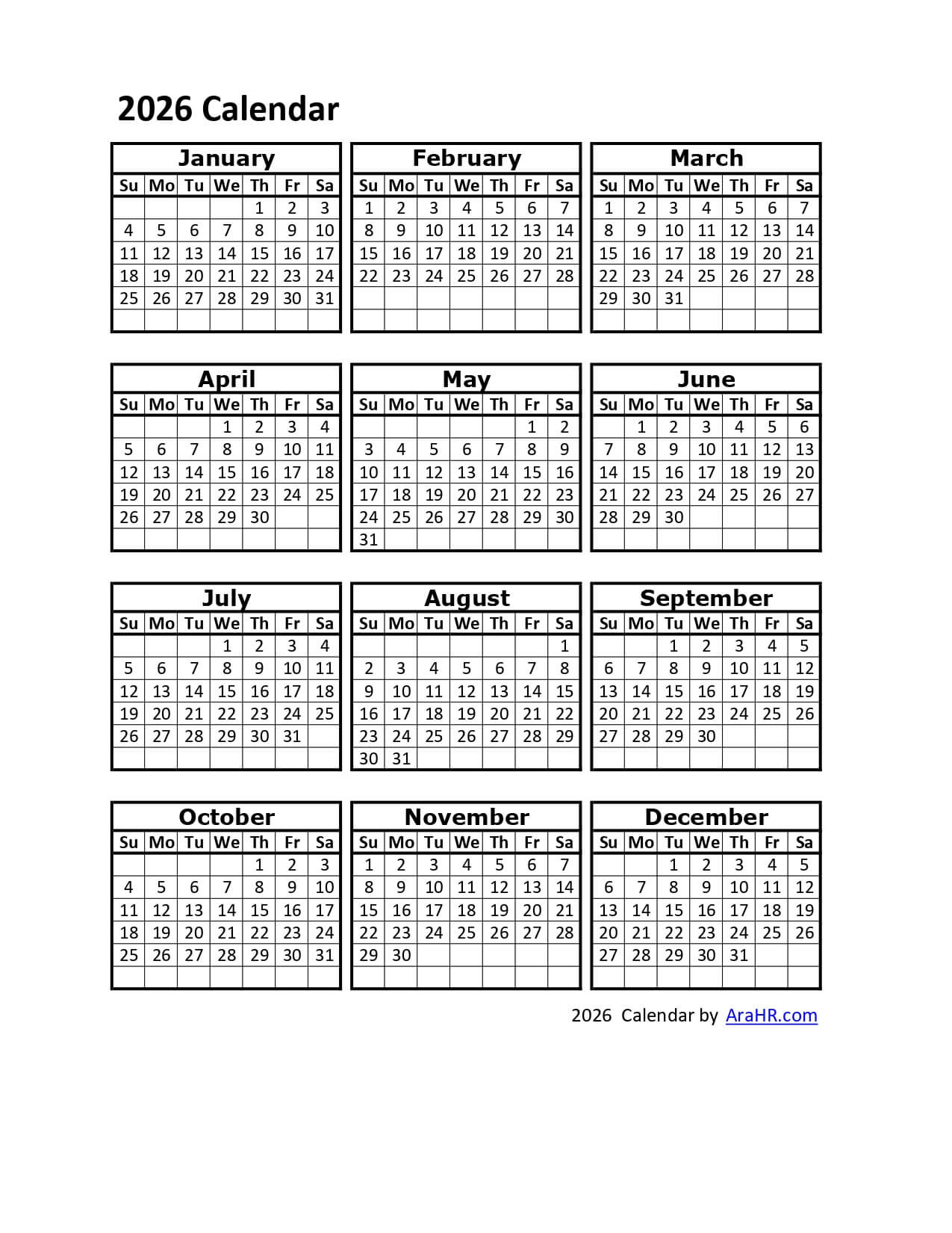 2026 Printable Calendar Template - Excel - Pdf - Image regarding Free Printable 2026 Employee Attendance Calendar