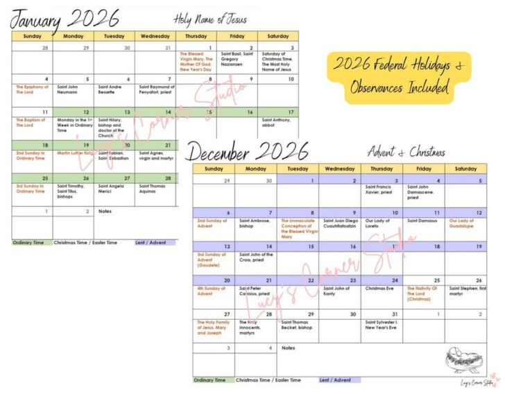 Catholic Calendar 2026 Printable