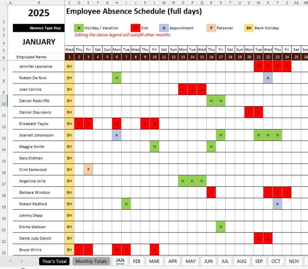 2026 Pro Jan-Dec Employees Annual Leave / Absence Tracker Staff in Employee Attendance Summary 2026