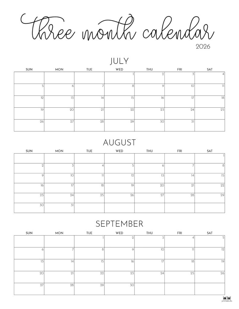 2026 Three Month/Quarterly Calendars - 36 Free Cals | Printabulls pertaining to 2026 Quarterly Calendar Printable