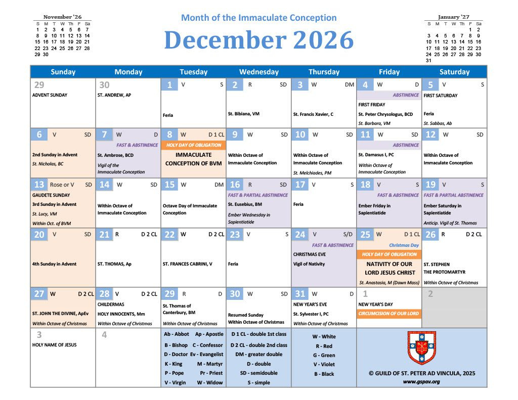 2026 Traditional Catholic Calendar - Guild Of St. Peter Ad Vincula pertaining to Catholic Calendar 2026 with Holidays