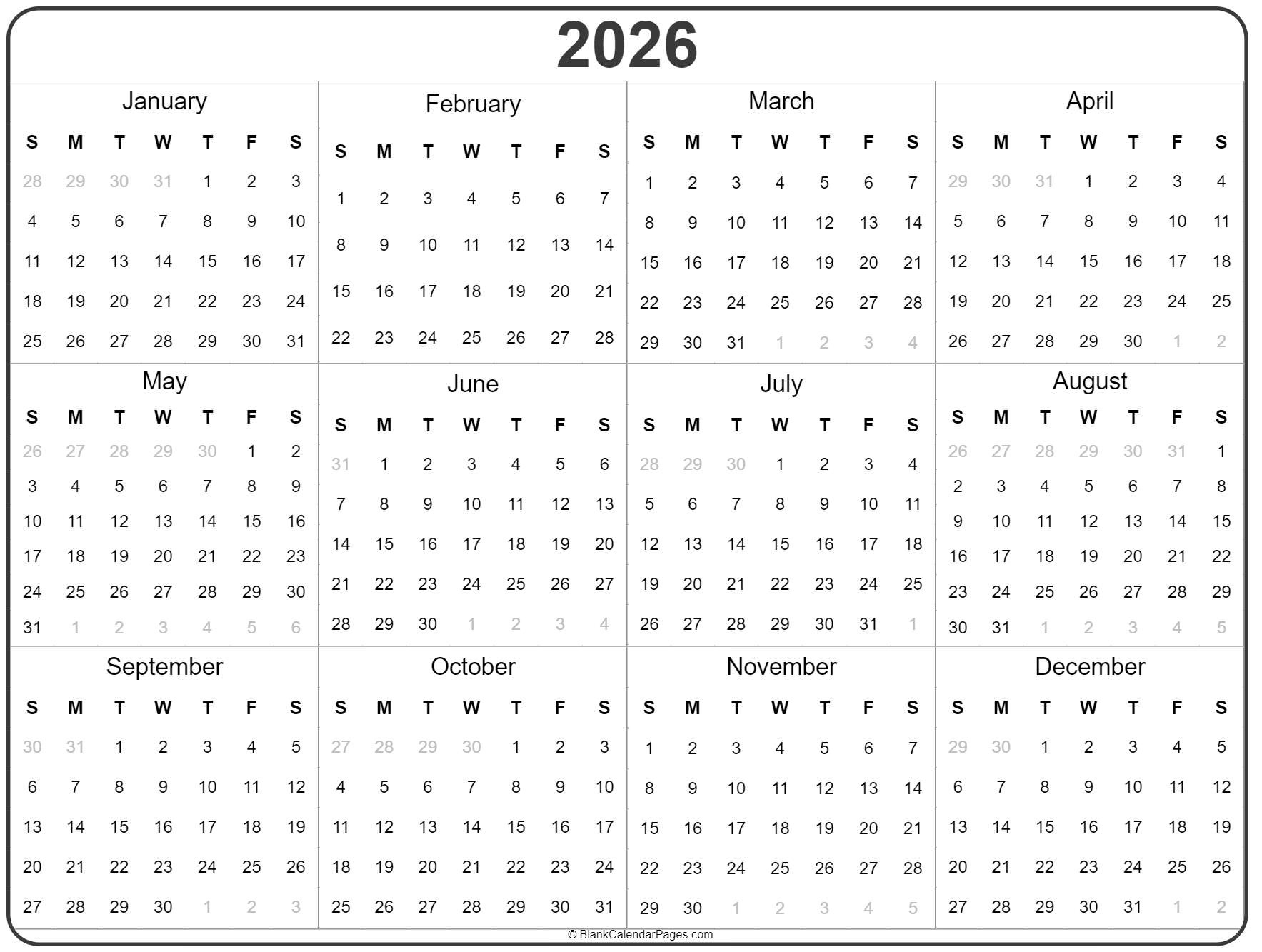 2026 Year Calendar | Yearly Printable throughout Printable Yearly Calendar 2026