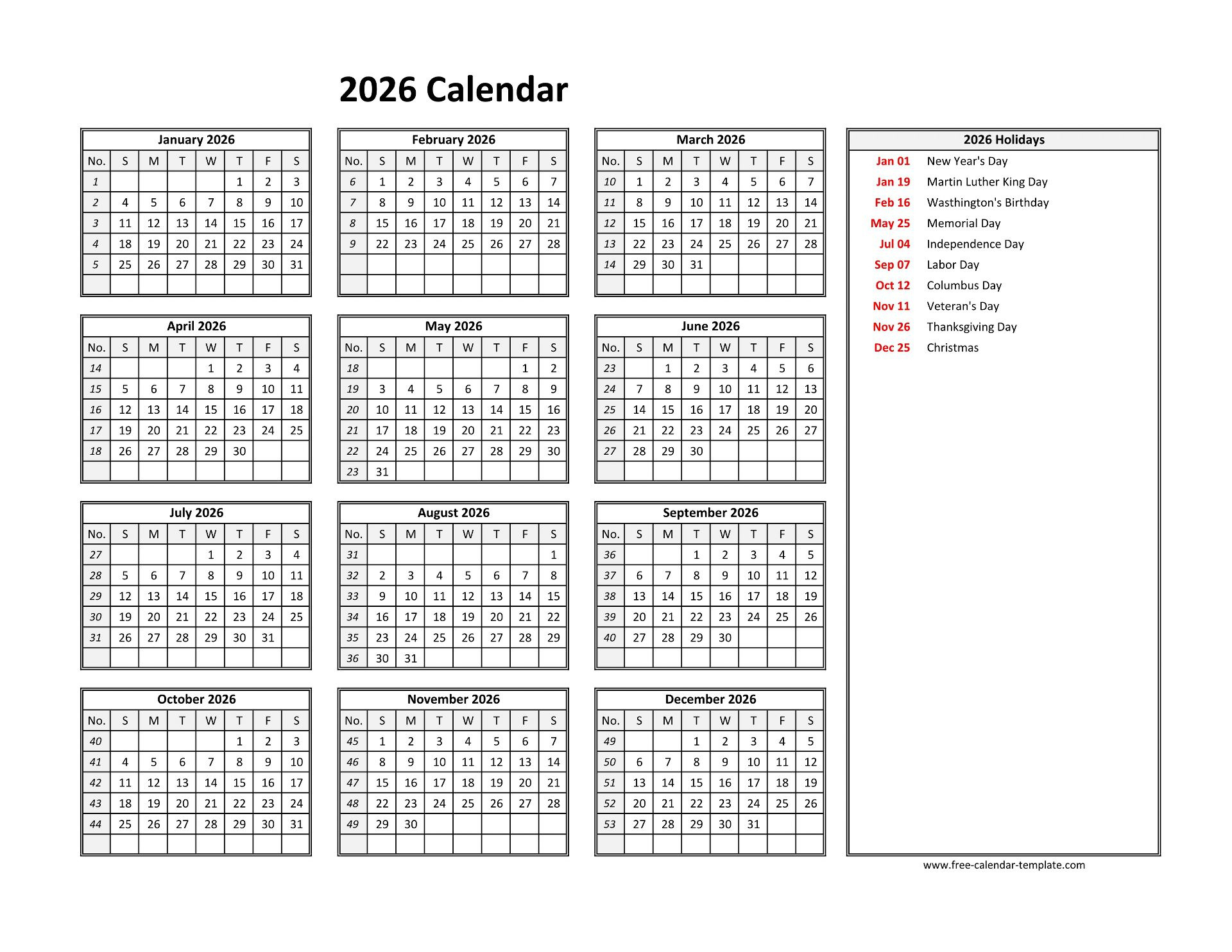 2026 Yearly Calendar Printable With Week Numbers | Free-Calendar in Employee Attendance Calendar 2026 Template Free