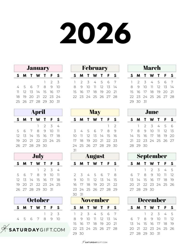 2026 Yearly Calendars - 35 Free Printables pertaining to 2026 Calendar Printable Cute
