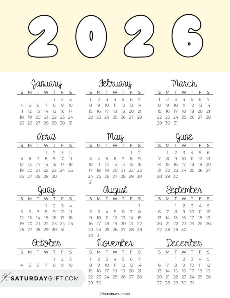 2026 Yearly Calendars - 35 Free Printables with 2026 At A Glance Calendar Printable