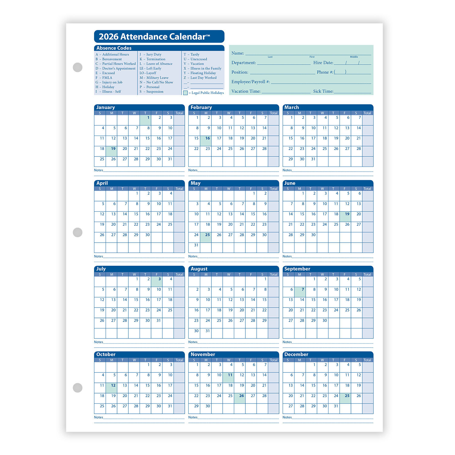 2026 Yearly Employee Attendance Calendar | Yearly Calendar | Hrdirect intended for Yearly Attendance Calendar 2026