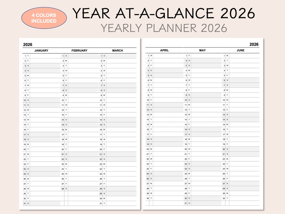 2026 Yearly Planner Calendar, Year At-A-Glance, 4 Colors regarding At A Glance Yearly Calendar 2026