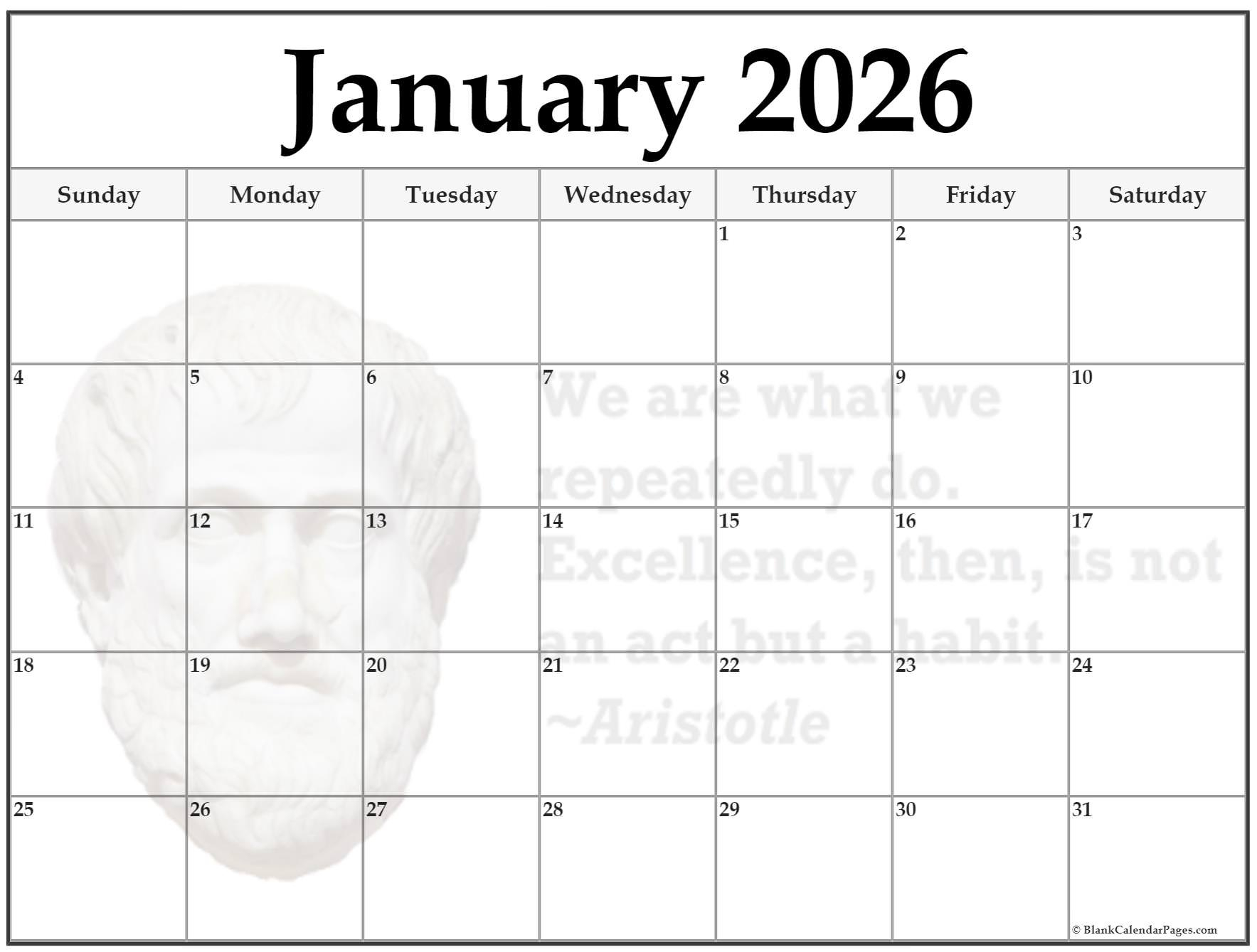 24+ January 2026 Quote Calendars throughout 2026 Calendar Printable With Lines