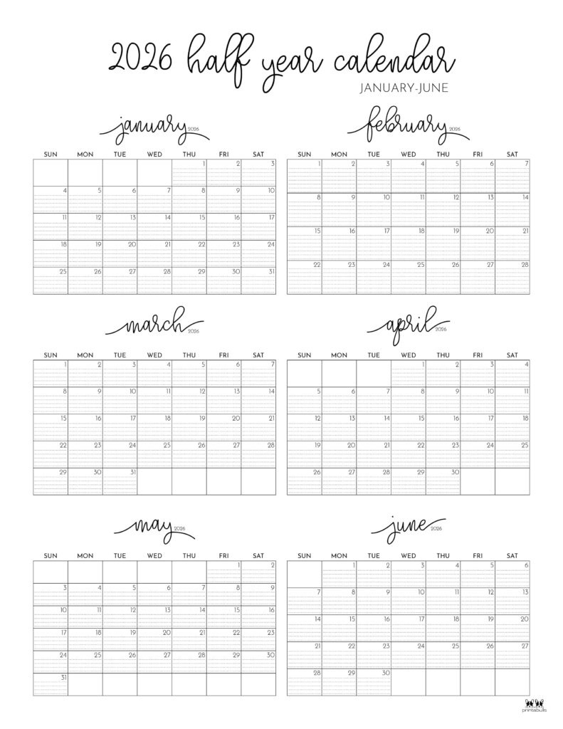 6 Month Calendars 2026 - 40 Free Calendars | Printabulls in 6 Month Calendar 2026 Printable Free