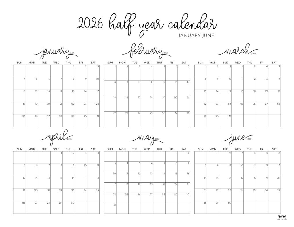 6 Month Calendars 2026 - 40 Free Calendars | Printabulls with 2026 Calendar Printable 6 Month
