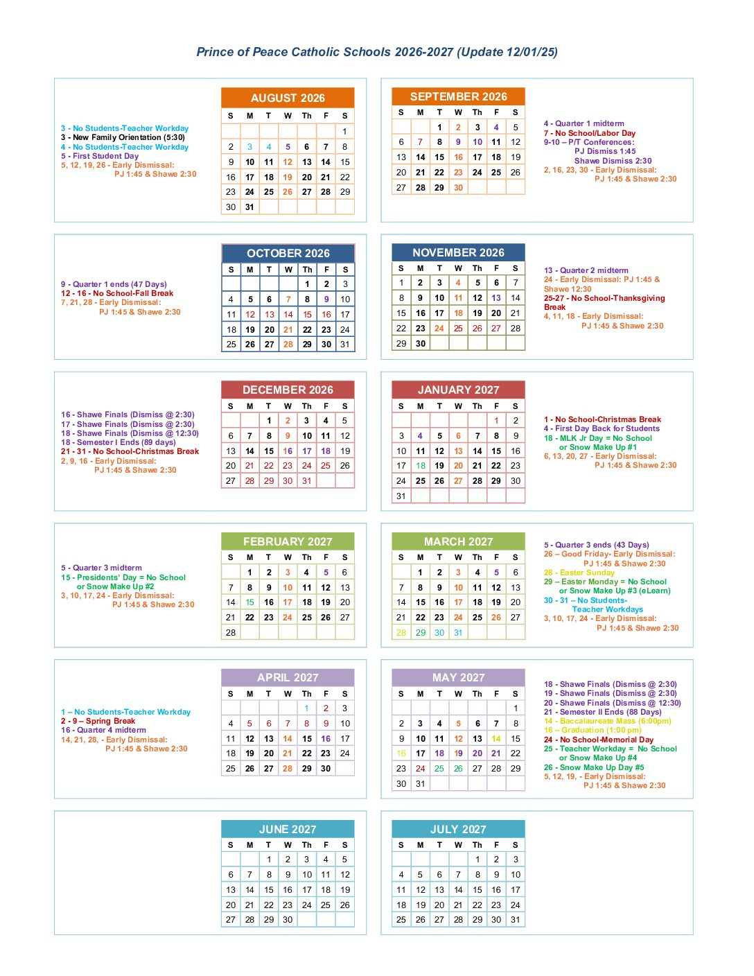 Academic &amp;amp; Lunch Calendars - Prince Of Peace Catholic Schools intended for Catholic School Calendar 2026 - 2027
