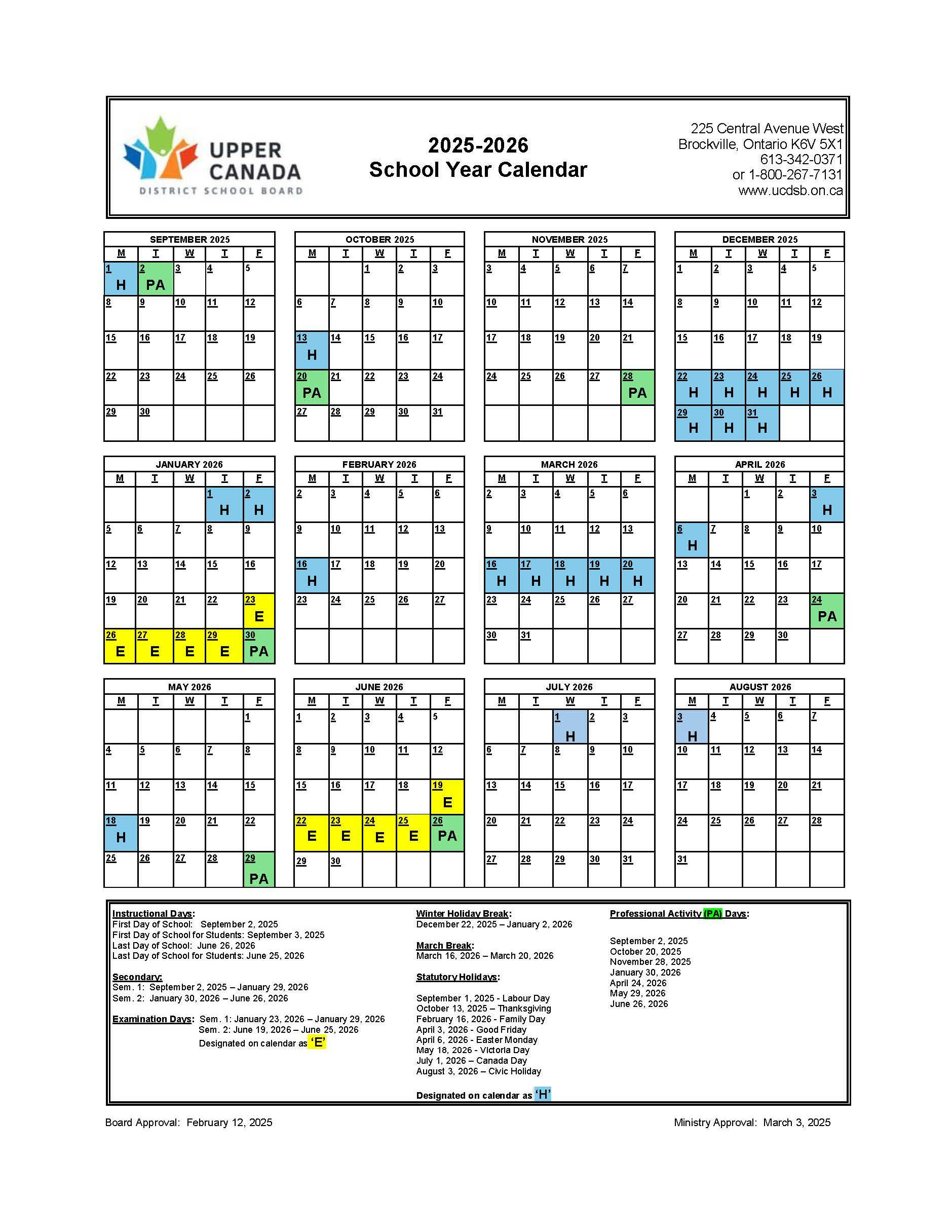 Approved 2025-2026 School Year Calendar - Upper Canada District in Ottawa Catholic School Board Calendar 2026