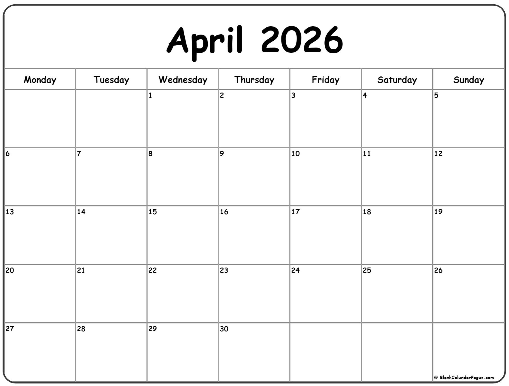 April 2026 Monday Calendar | Monday To Sunday inside 2026 Calendar Printable Monday To Sunday