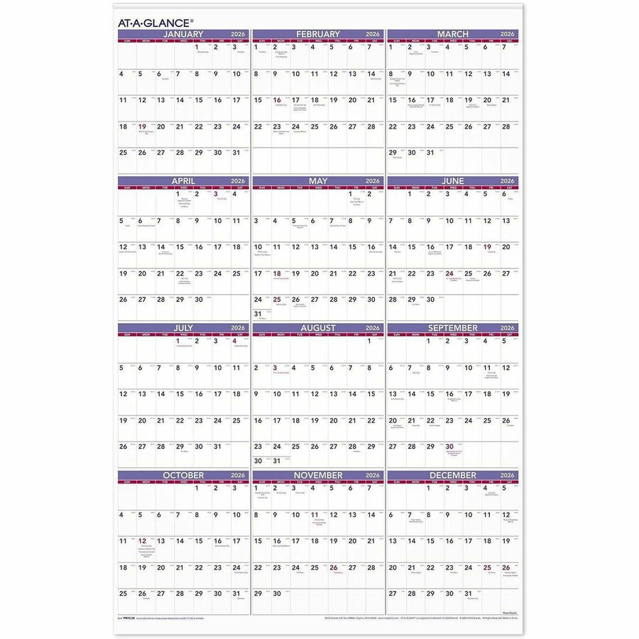At-A-Glance Recycled Yearly Wall Calendar 24&amp;quot; X 36&amp;quot; English for 2026 Calendar With Julian Dates