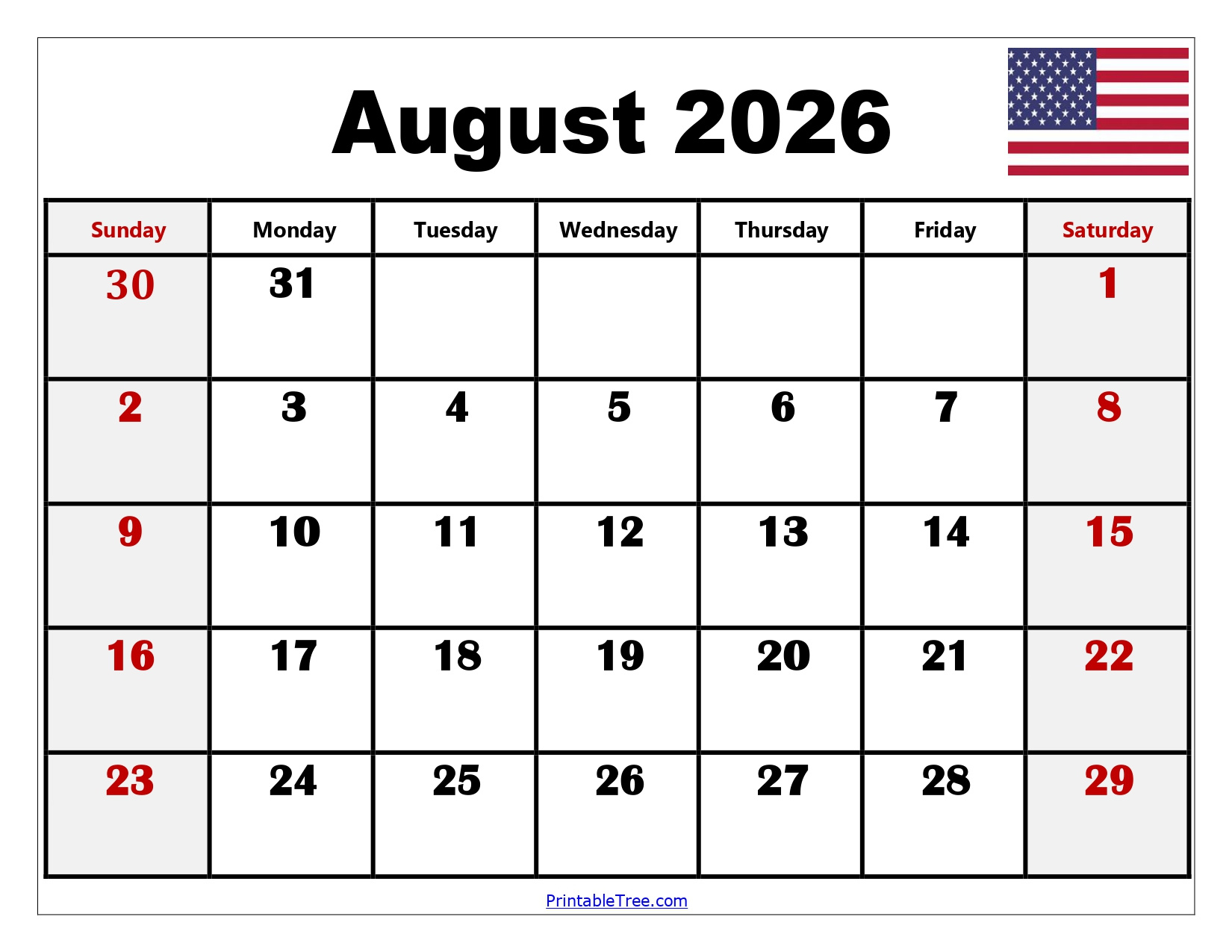 August 2026 Calendar Printable Pdf With Holidays Template inside August 2026 Calendar Printable