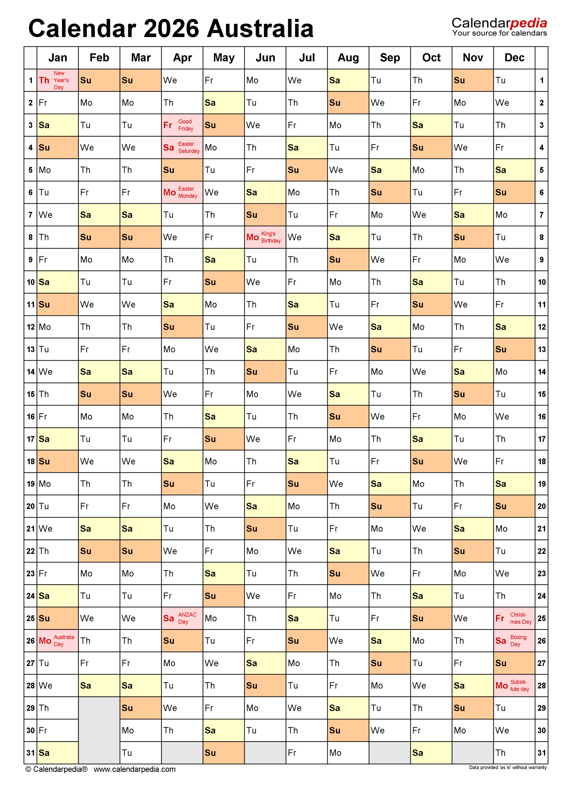 Australia Calendar 2026 - Free Printable Pdf Templates within Calendar 2026 Printable Western Australia