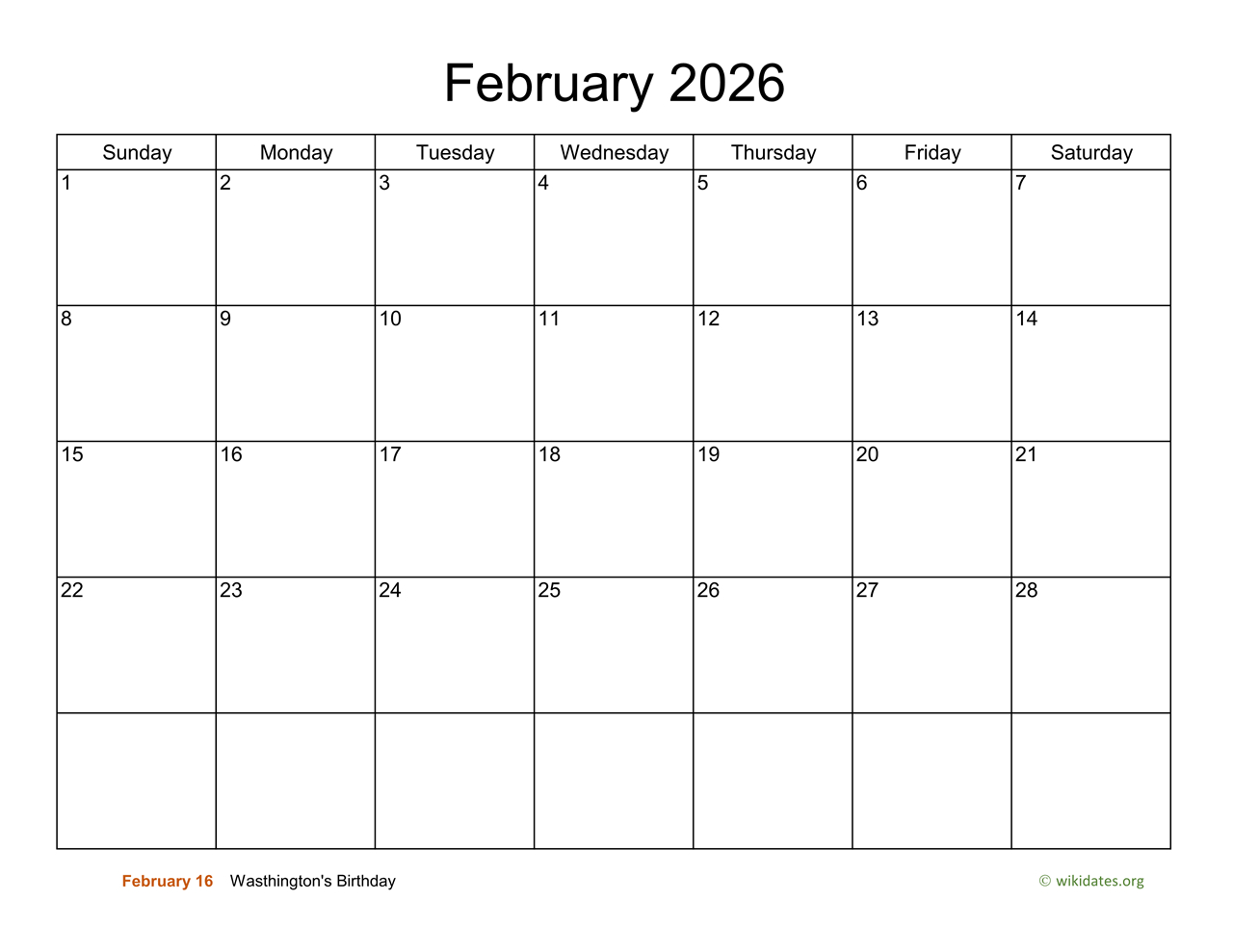 Basic Calendar For February 2026 | Wikidates pertaining to February 2026 Calendar Printable Wiki