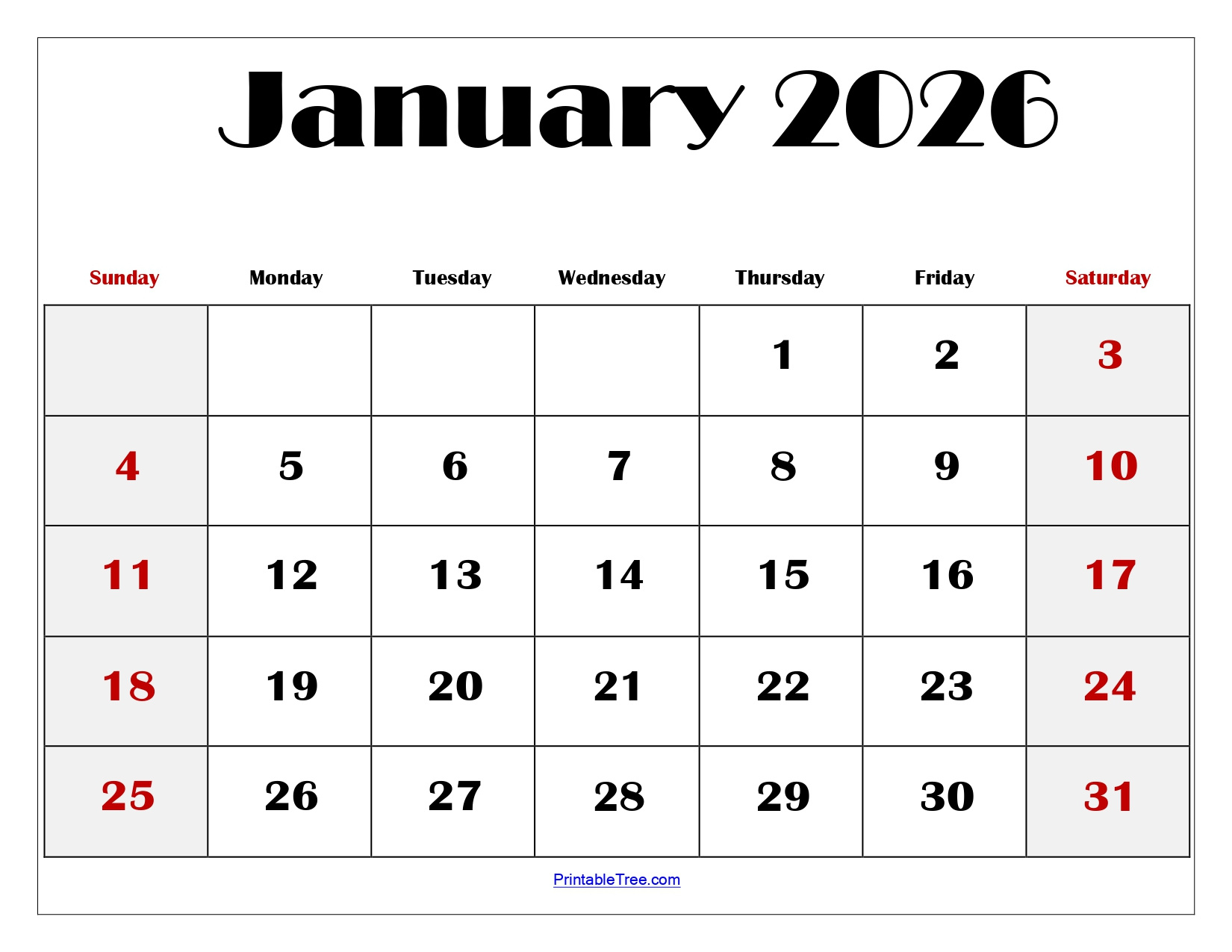 Blank January 2026 Calendar Printable Pdf Templates with 2026 Calendar Printable Tree