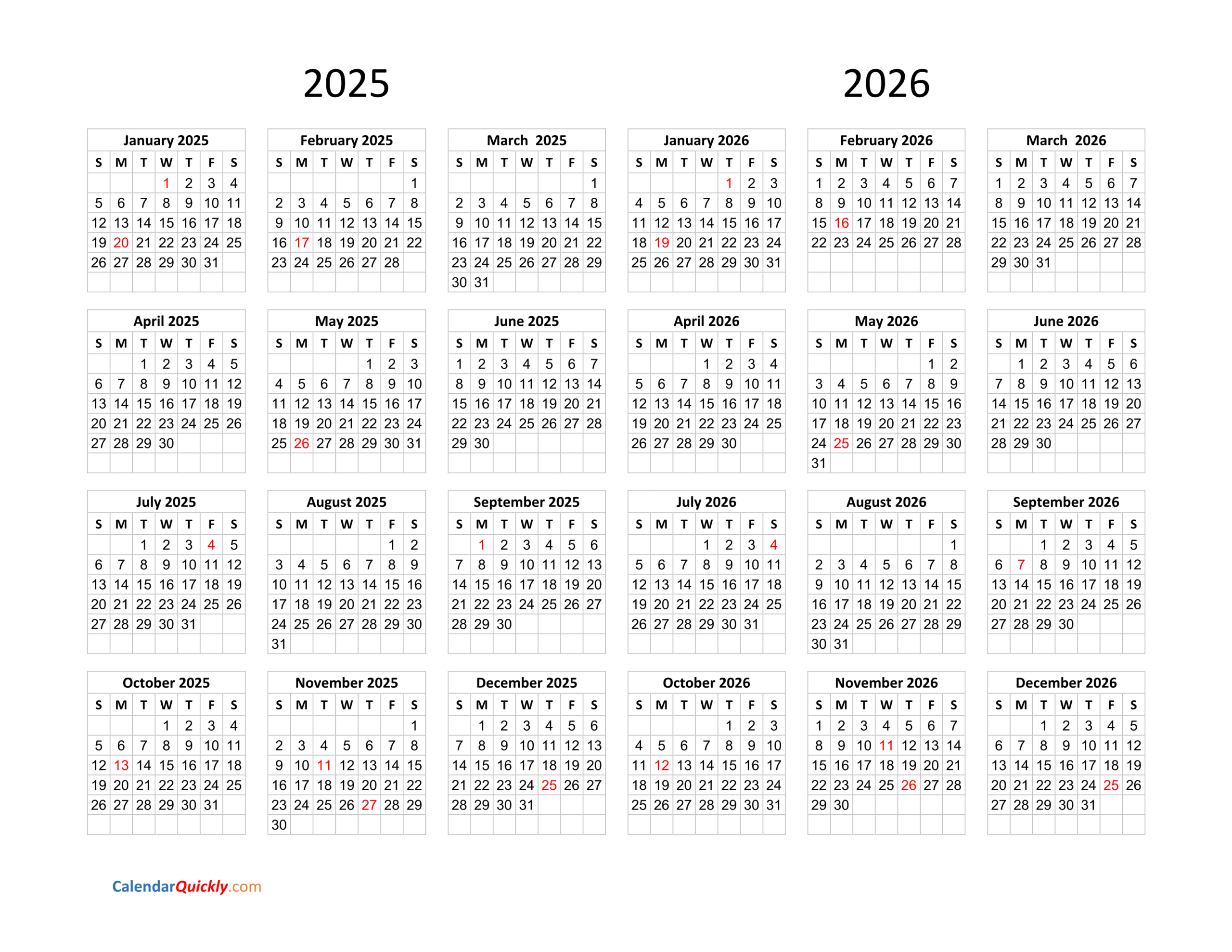 Calendar 2025 And 2026 On One Page | Calendar Quickly in 2025 Calendar 2026 Printable Free