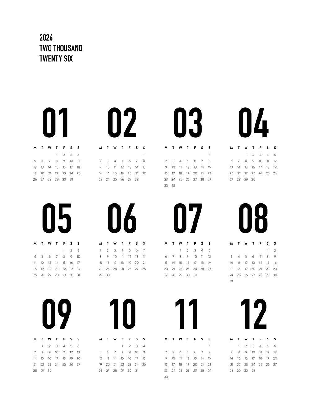 Calendar 2026 Bw Poster throughout Calendar 2026 And 2026