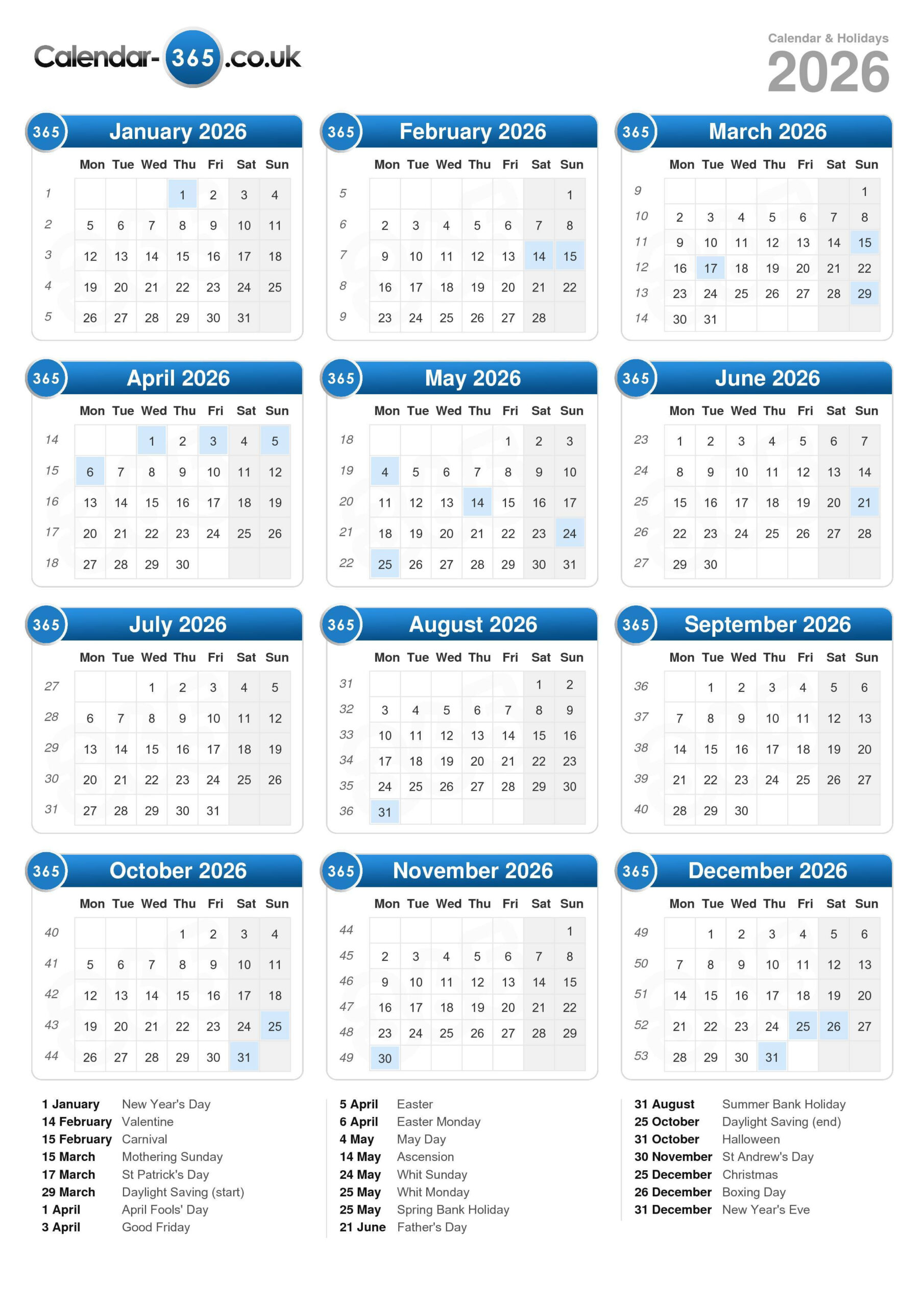 Calendar 2026 pertaining to 2026 Calendar Printable 365