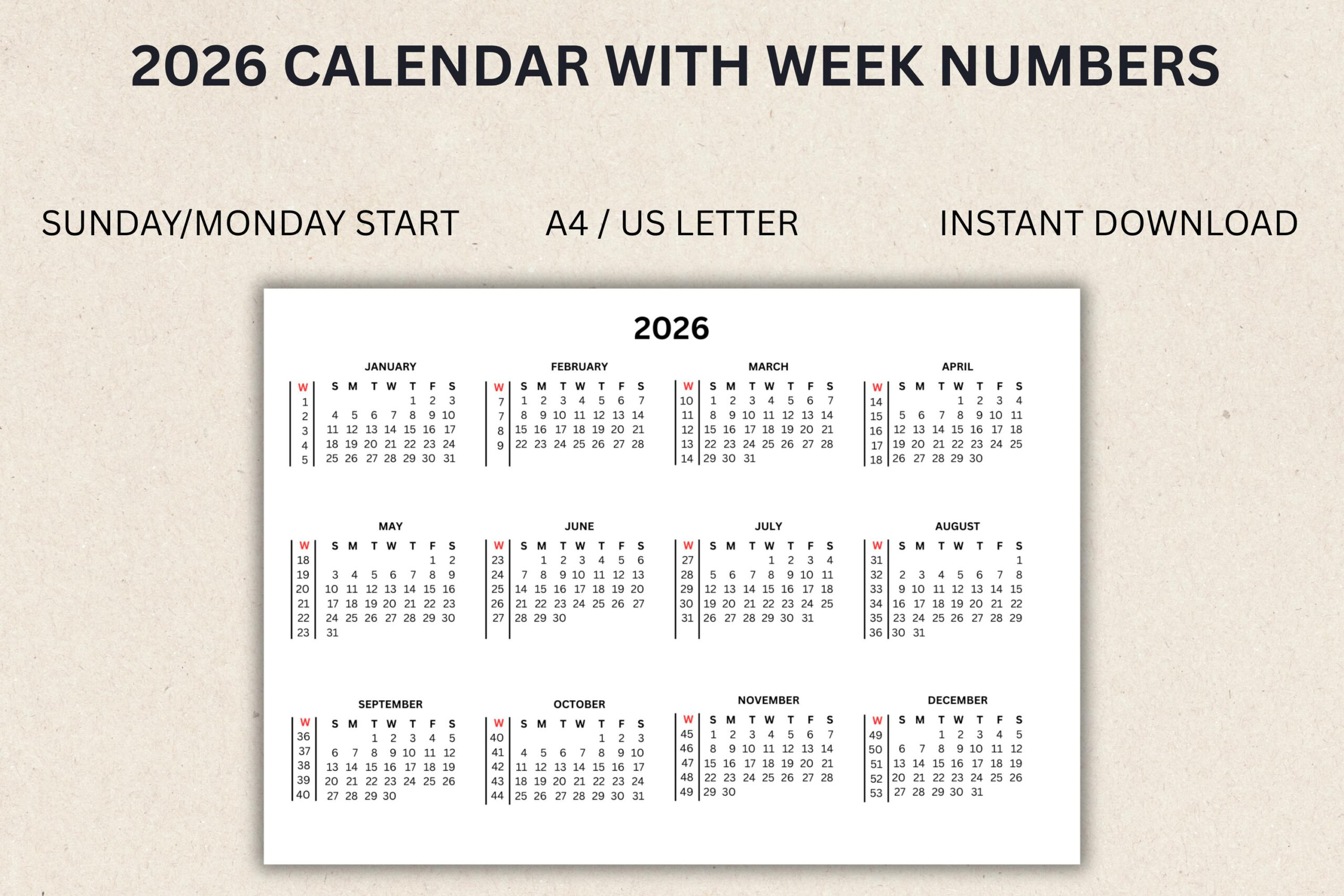 Calendar 2026 With Week Numbers Printable Pdf Instant Download with regard to 2026 Calendar with Week Numbers Printable