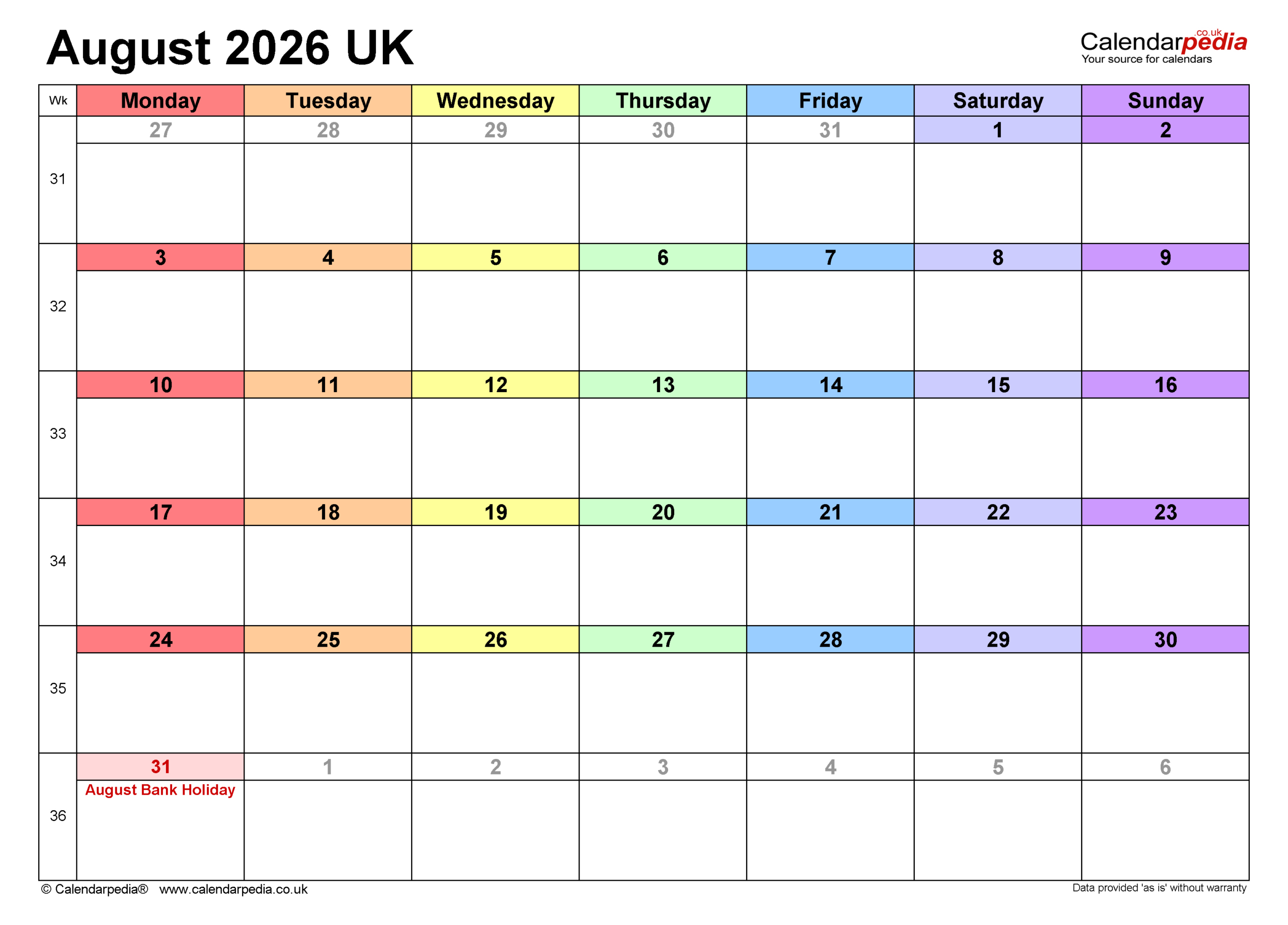 Calendar August 2026 Uk With Pdf, Excel And Word Templates throughout Attendance Sheet August 2026