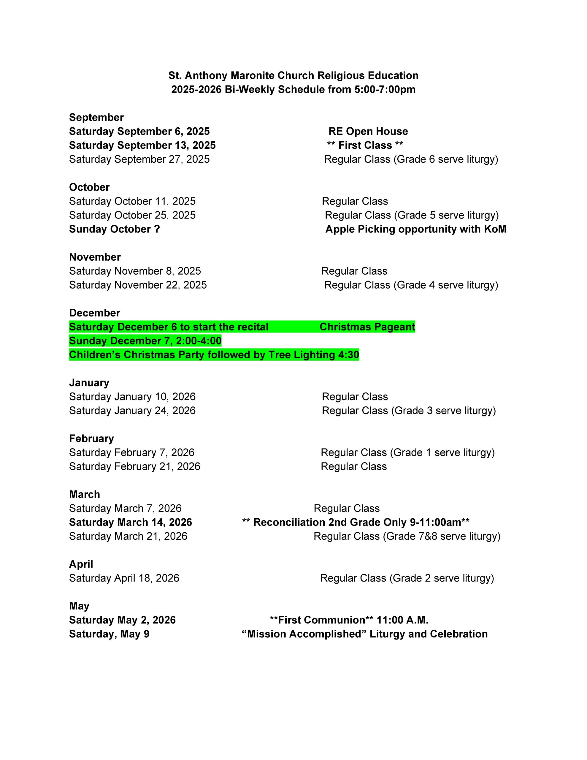 Calendar: Classes And Events – St Anthony Maronite Church intended for Maronite Liturgical Calendar 2026