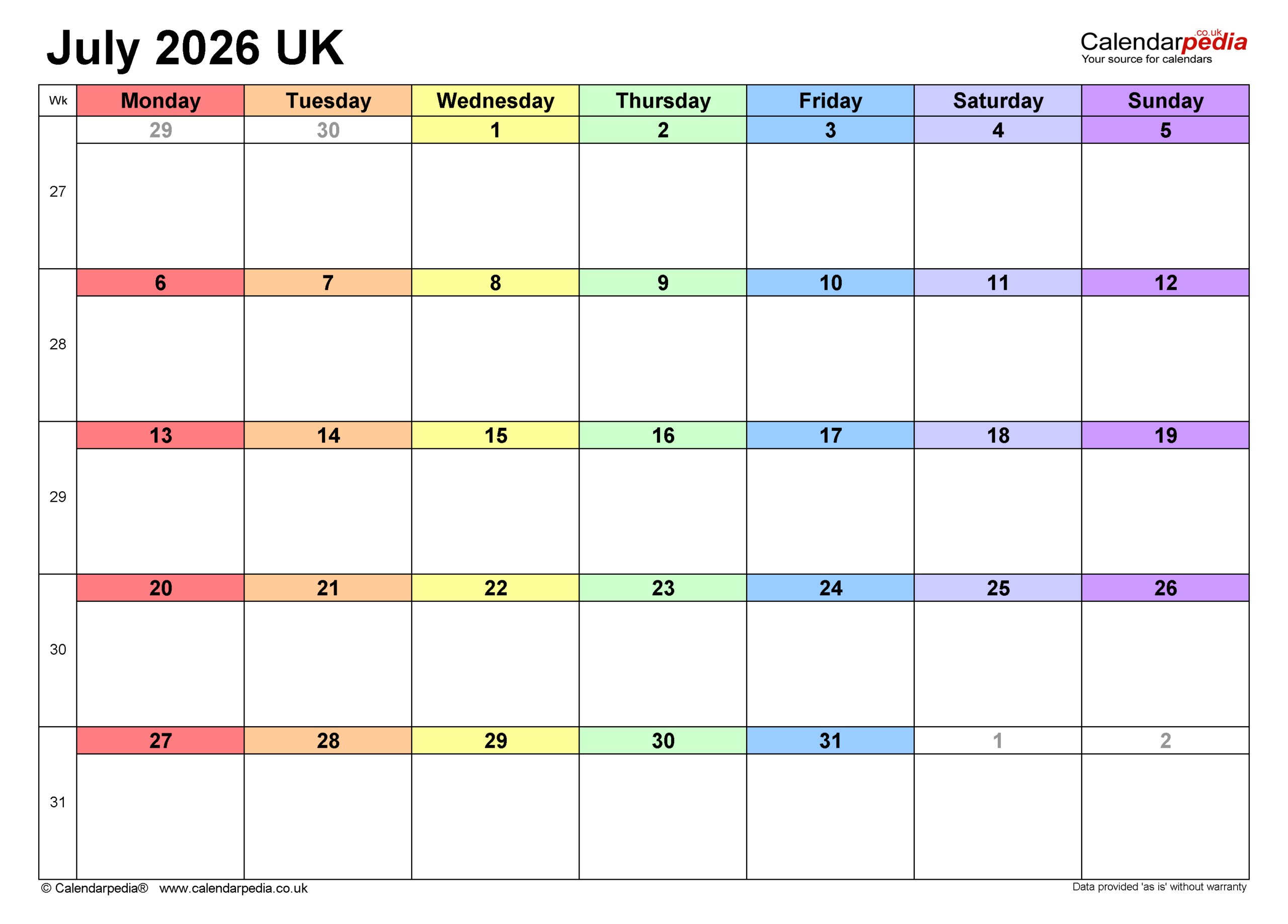 Calendar July 2026 Uk With Pdf, Excel And Word Templates throughout Attendance Sheet July 2026