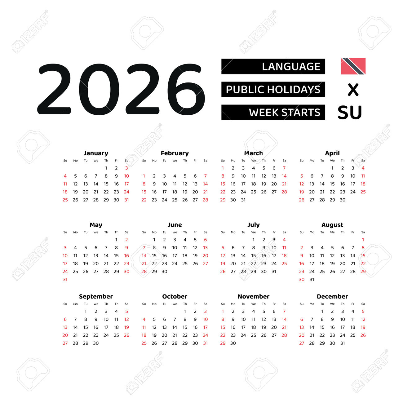 Calendario 2026 En Inglés Con La Semana De Días Festivos De in 2026 Calendar Printable Trinidad