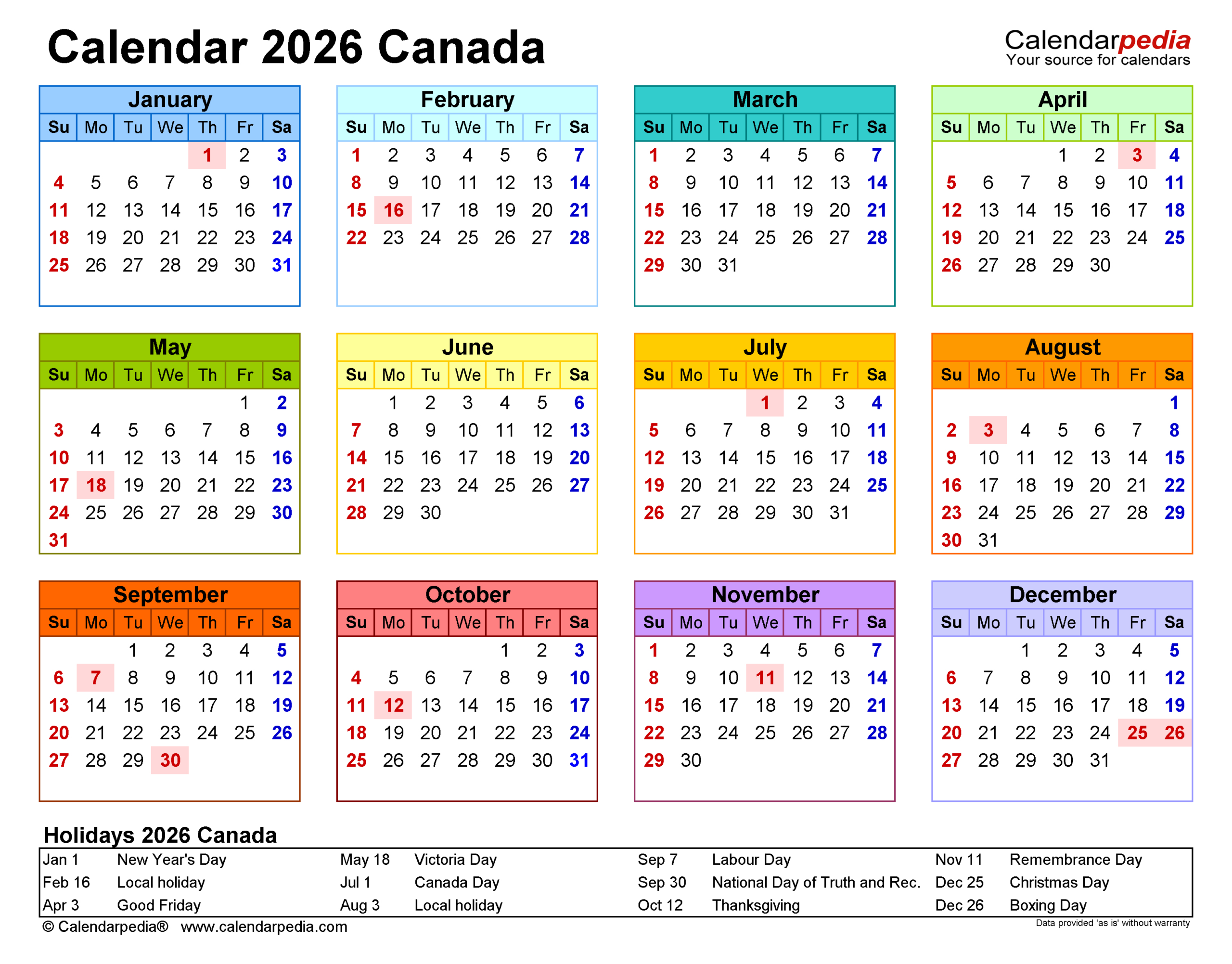 Canada Calendar 2026 - Free Printable Pdf Templates with 2026 Calendar Canada with Holidays Printable