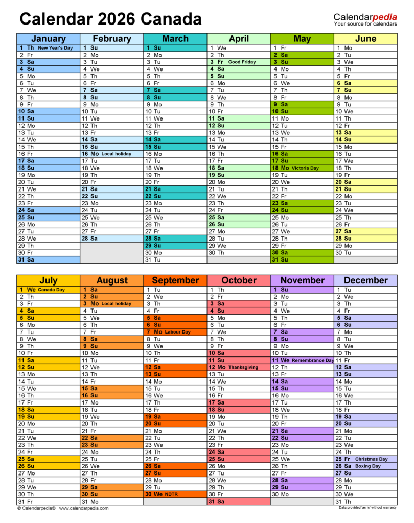 2026 Calendar Printable with Holidays Canada | Calendar 2025