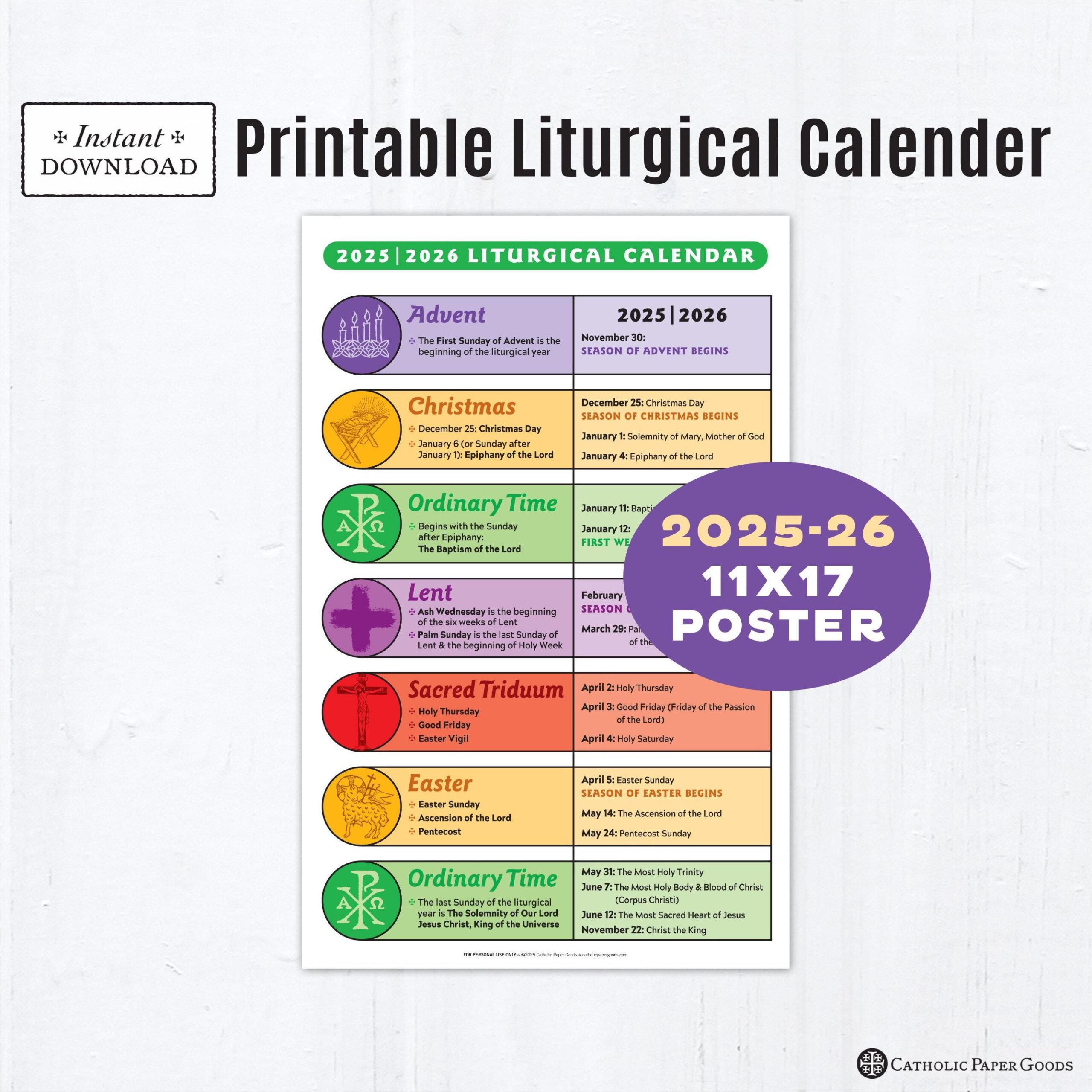Catholic Liturgical Calendar 2025-26: 11X17 Color Poster (Digital pertaining to UK Catholic Liturgical Calendar 2026