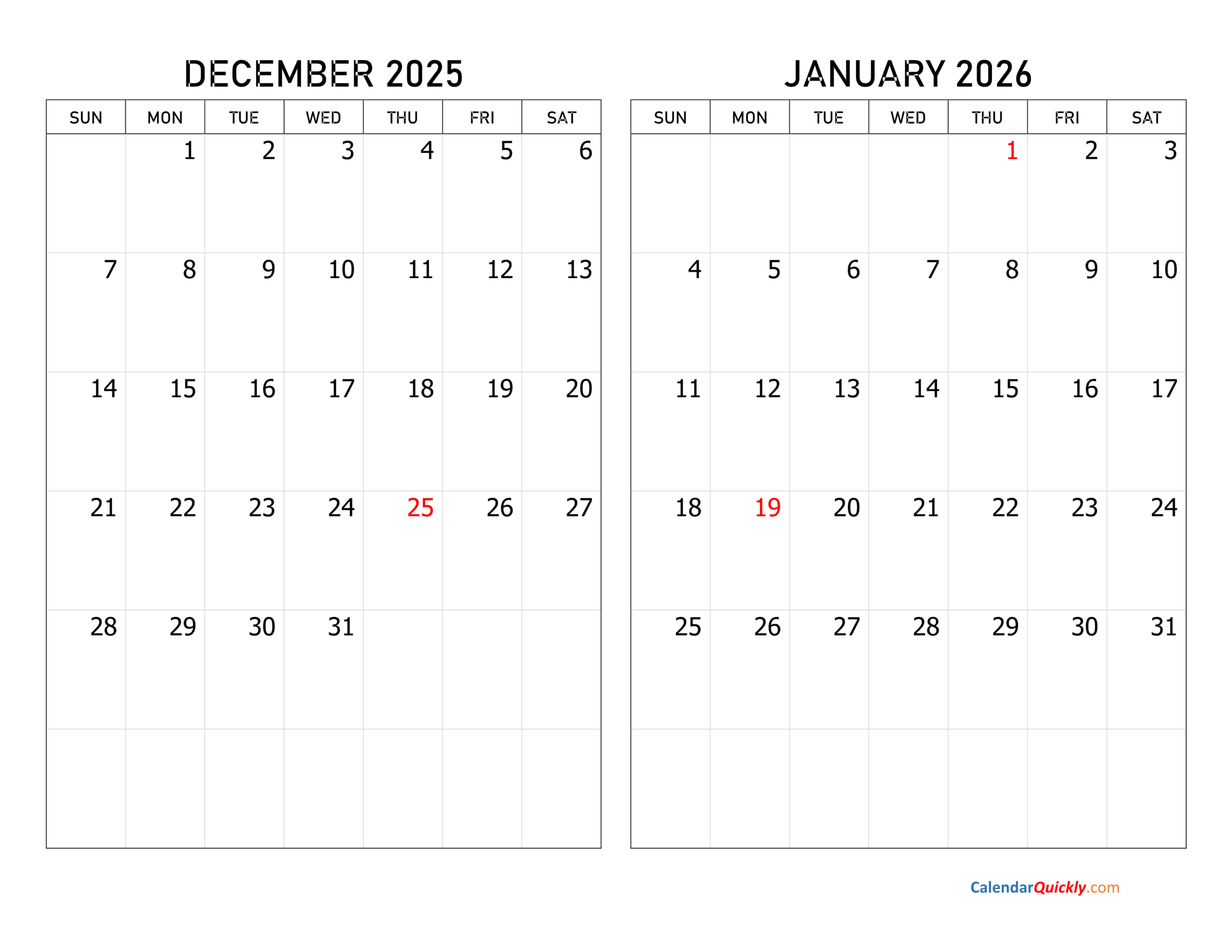 December 2025 And January 2026 Calendar | Calendar Quickly within Free Printable December 2025 - January 2026 Calendar