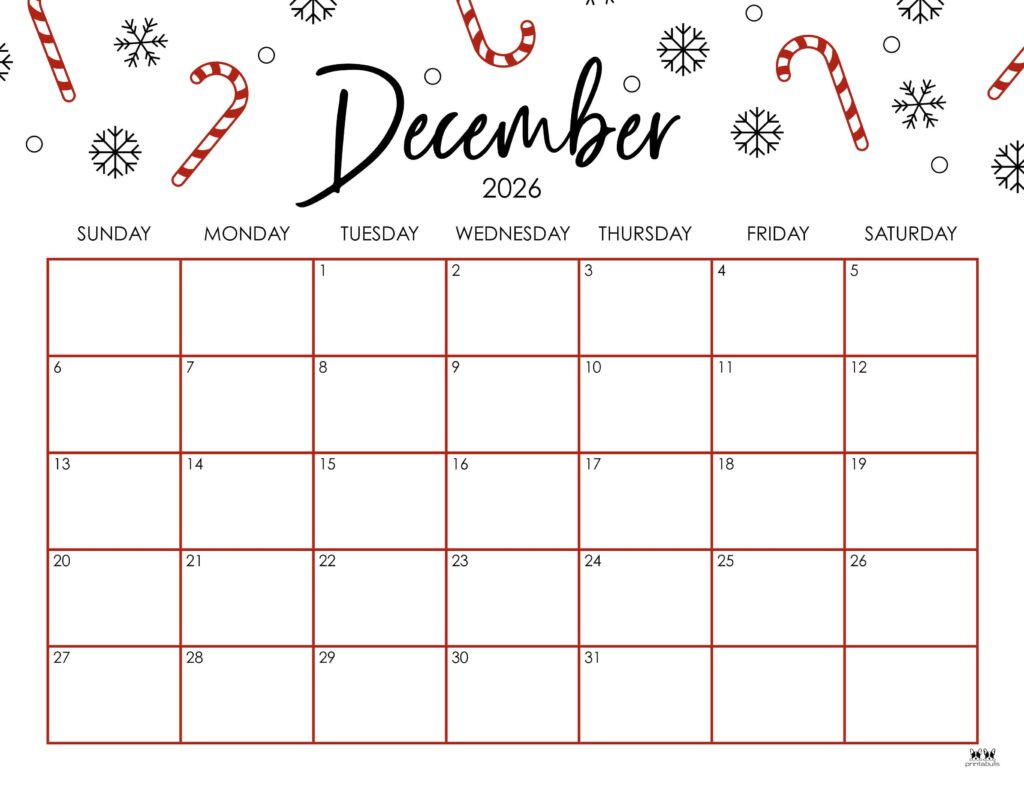 December 2026 Calendars - 123 Free Printables | Printabulls inside December 2026 Calendar Printable