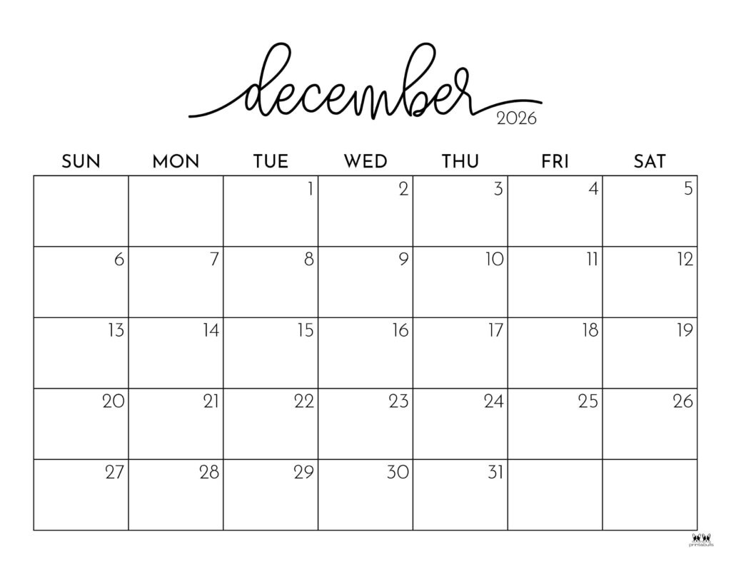 December 2026 Calendars - 123 Free Printables | Printabulls regarding December 2026 Calendar Printable Free