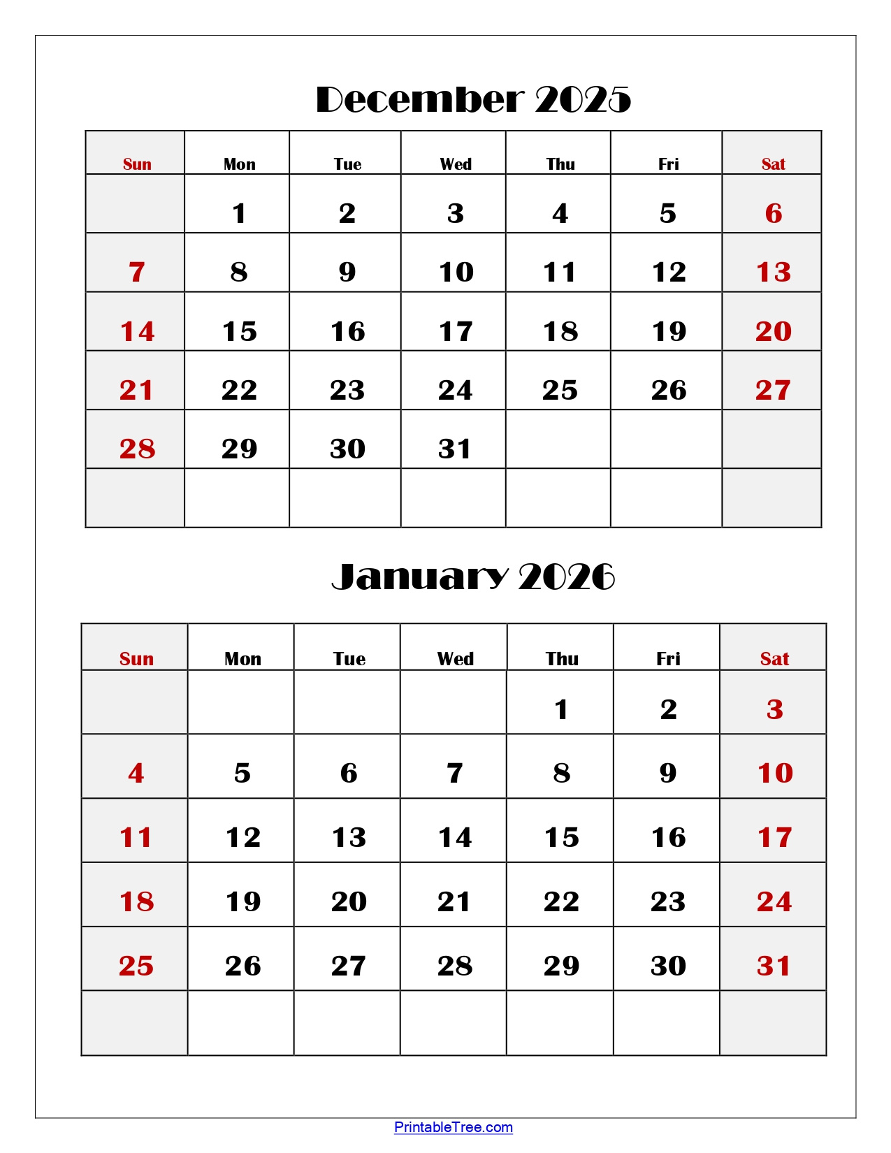 December And January 2026 Calendar Printable Pdf | Two Months Calendar regarding Printable Calendar For December 2025 And January 2026