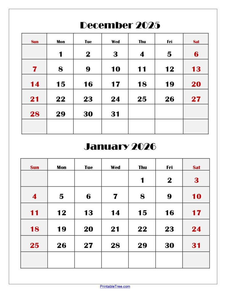 December And January 2026 Calendar Printable Pdf | Two Months Calendar with January To December 2026 Calendar Printable