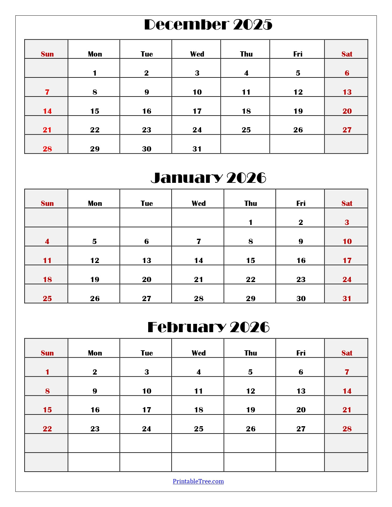 December To February 2026 Calendar Printable Pdf | Three Months for December 2025 - January 2026 February Calendar Printable