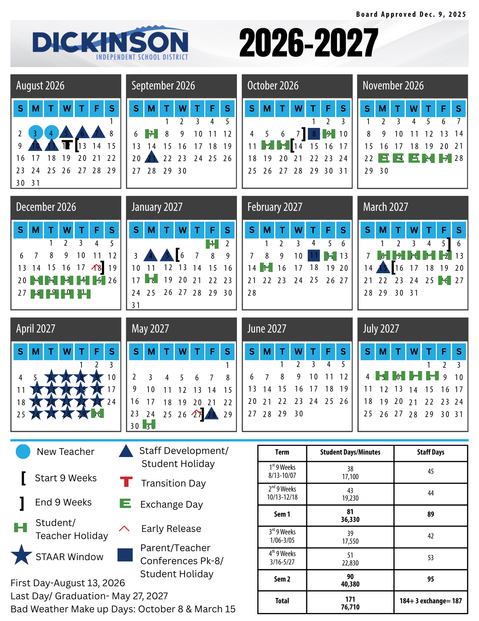 Dickinson Independent School District pertaining to Disd 2025 to 2026 Calendar Printable