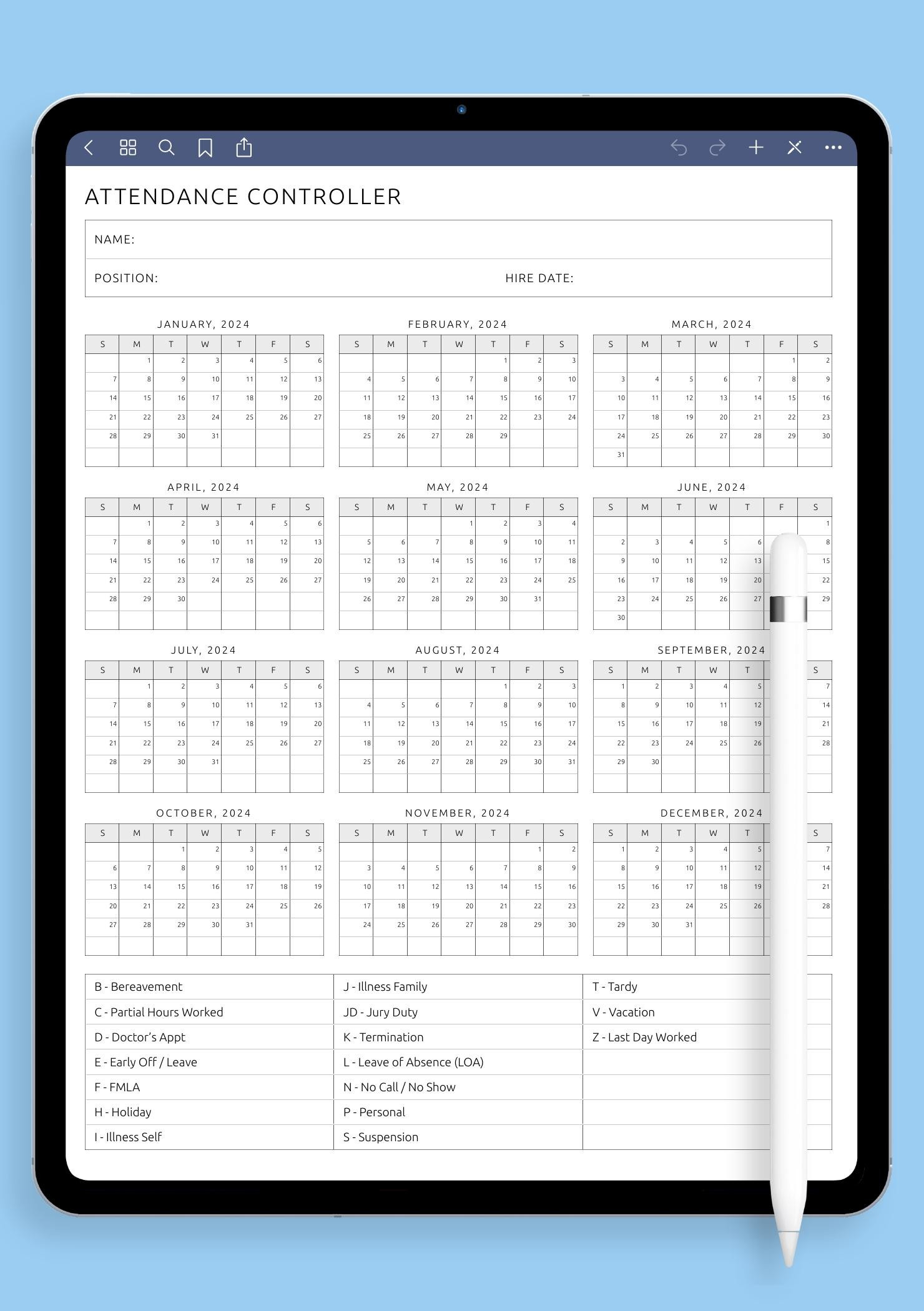Download Printable Attendance Controller Template Pdf inside 2026 Employee Attendance Calendar Printable Free Download