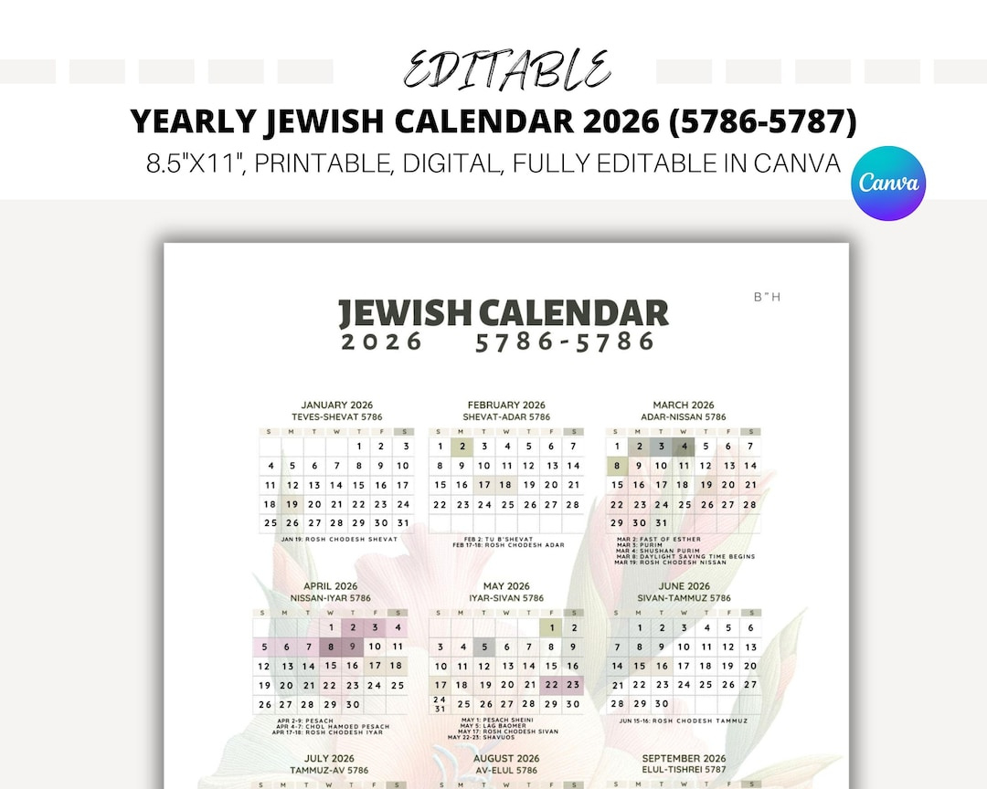 Editable Yearly Jewish Calendar 2026, Jewish Holidays, Canva in Jewish Calendar 2026 Printable