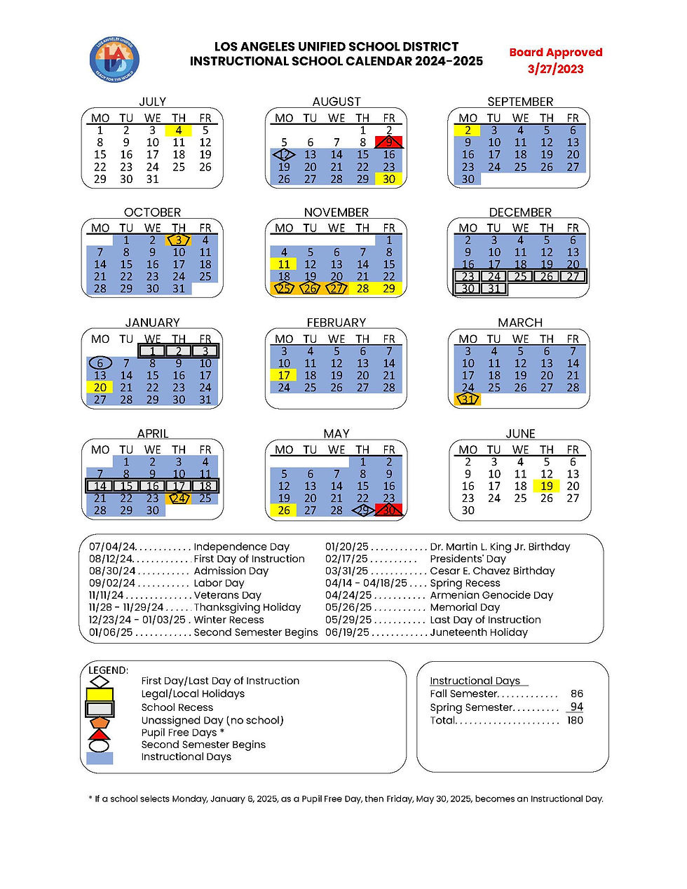 📚 Lausd Approved Calendar For 2024-2025 School Year | Fun With regarding Lausd 2025 to 2026 Calendar Printable Free