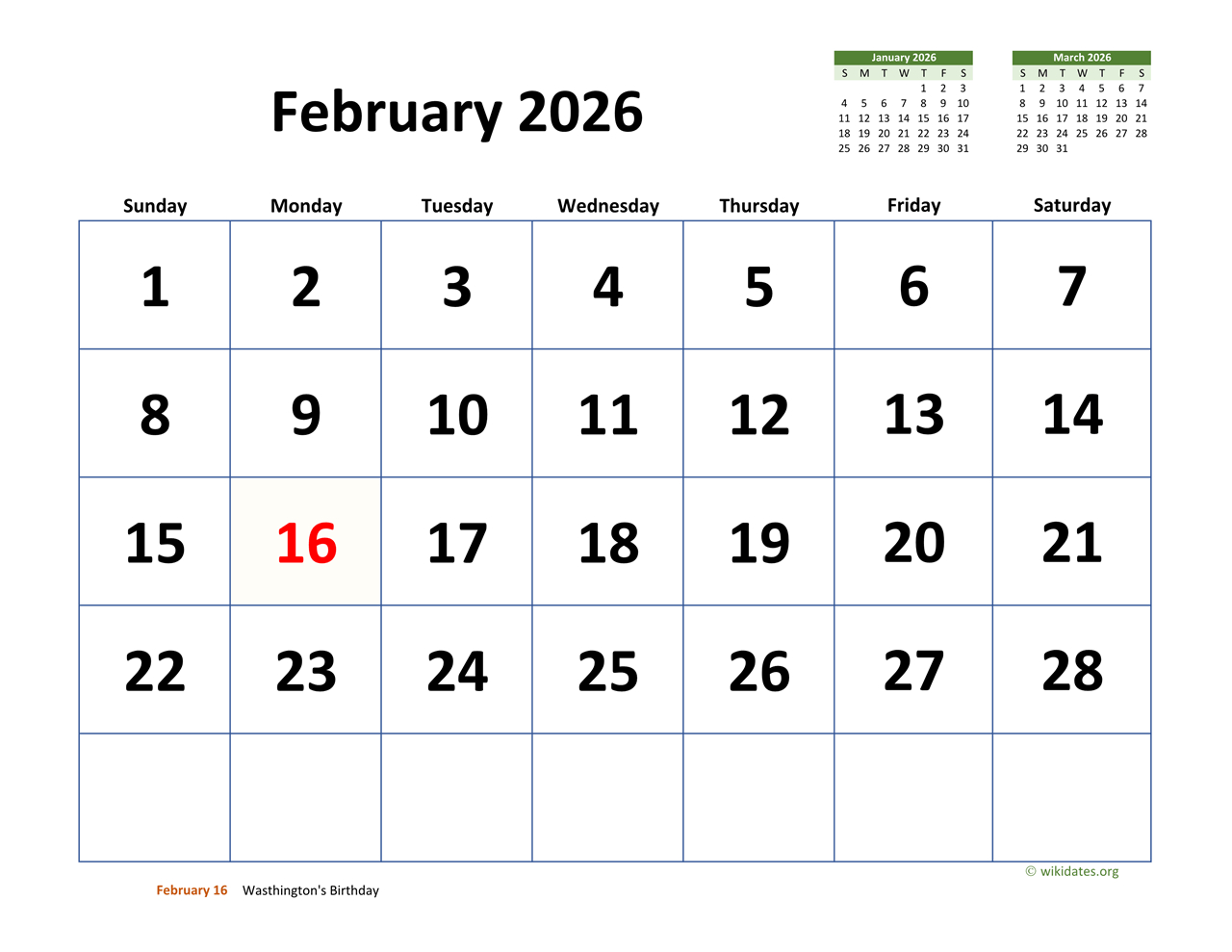 February 2026 Calendar With Extra-Large Dates | Wikidates inside February 2026 Calendar Printable Wiki