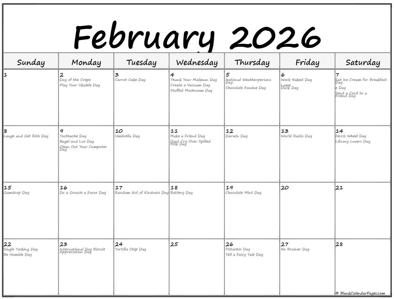February 2026 With Holidays Calendar inside National Day Calendar February 2026