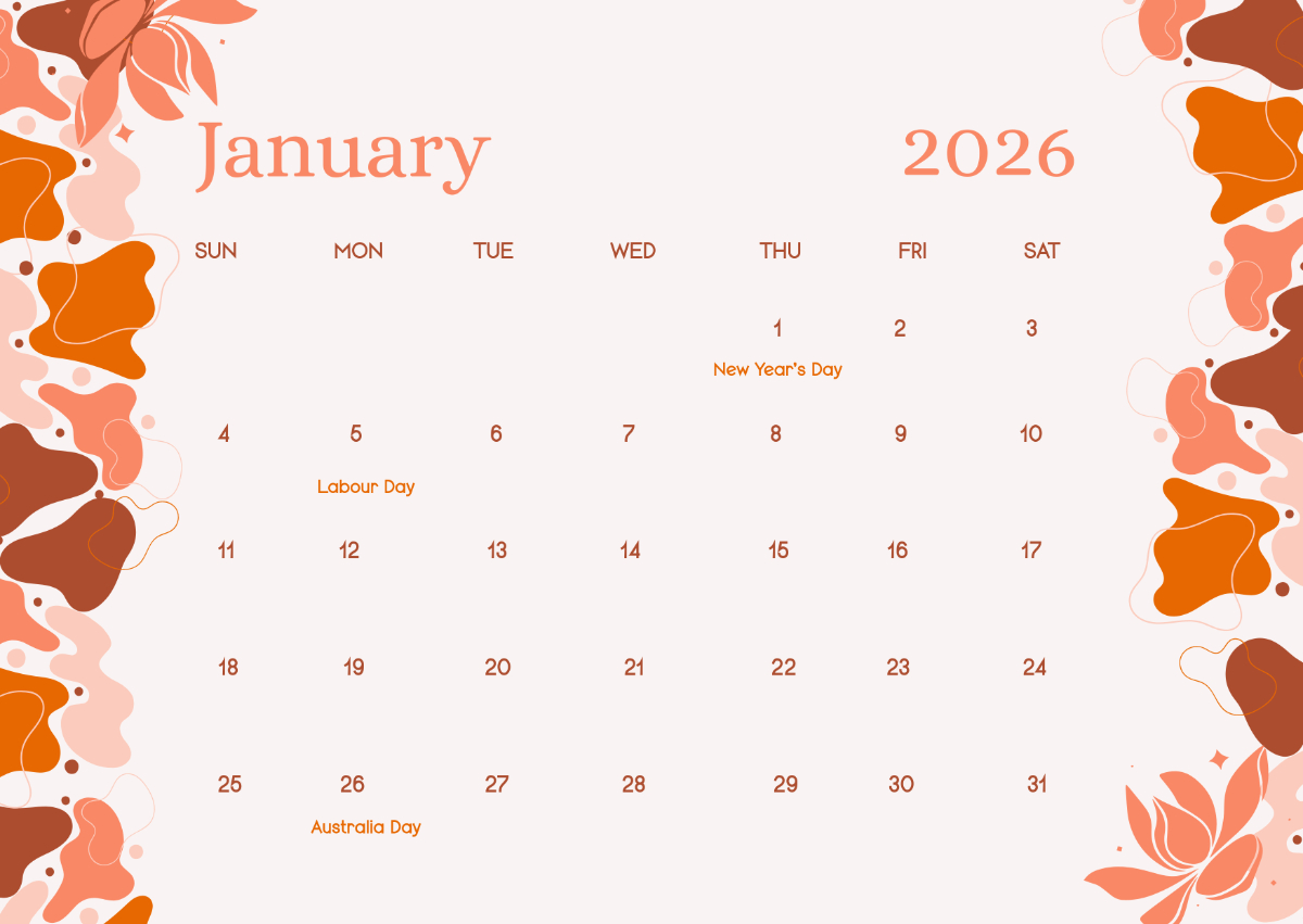Free Aesthetic January 2026 Australia Calendar Template To Edit Online for Calendar For January 2026 Australia