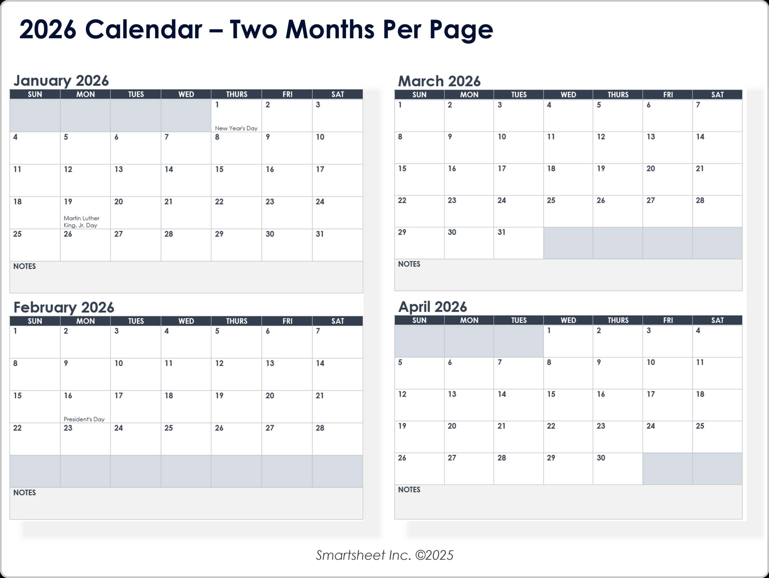 Free Blank Calendar Templates - Smartsheet within 2026 Calendar Printable 2 Months Per Page